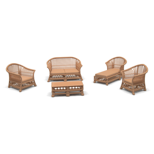 Miniature rattan patio set in Teak arranged as a conversation grouping around the coffee table