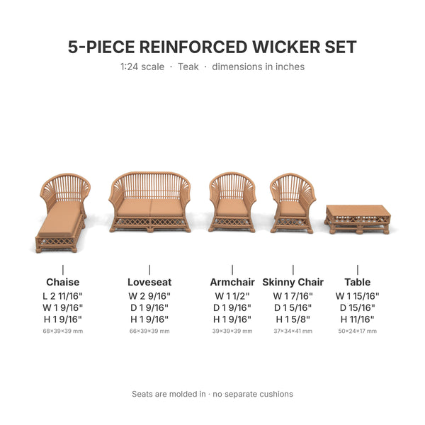 Dimensions in inches for all 5 pieces of the 1:24 scale reinforced wicker set