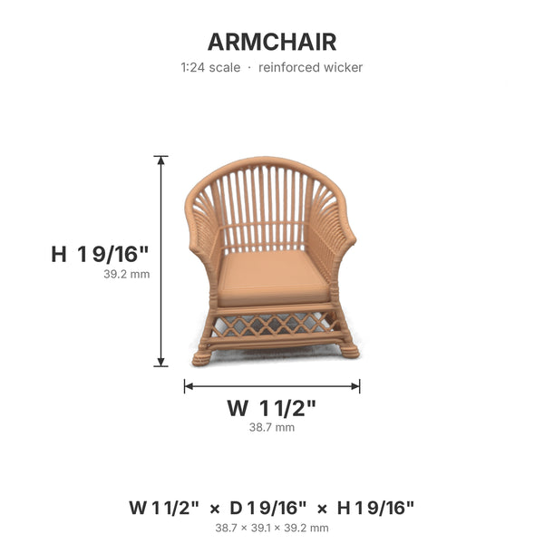 1:24 scale dollhouse wicker arm chair in Teak, 1 1/2 in W x 1 9/16 in D x 1 9/16 in H