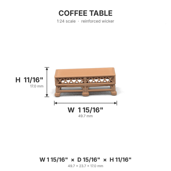 1:24 scale dollhouse wicker coffee table in Teak, 1 15/16 in W x 15/16 in D x 11/16 in H
