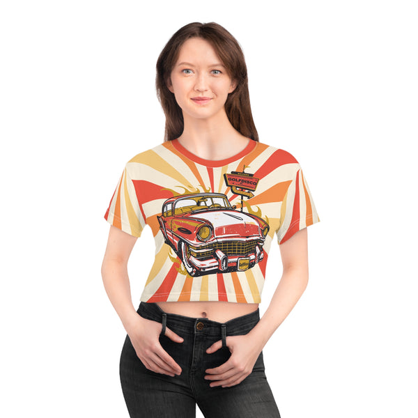 Crop Tee "Hot Rod Driver" A Golfdisco custom art original AOP Graphic Tee Beach Day Outfit Beach Vibes Shirt. Bold Pattern Shirt Casual Tee Style Colorful Casual Top Fun Summer Wear golfdisco original Graphic Tee Design hot rod driver Retro Fashion Tee Retro Summer Shirt Stylish Summer Top Summer Fashion Top Unique Crop Top Vintage Car Tee Vintage Crop Tee