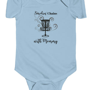 " SMOKIN' CHAINS WITH MOMMY " Baby Onesie, Bodysuit, 6 MONTH - 24 MONTH kid baby shirts Light Blue Baby Clothing Bodysuits Cotton disc golf baby disc golf fan disc golf kid disc golf with mommy DTG golf disco shirt golfdisco.com Kids' Clothing Onesies Regular fit