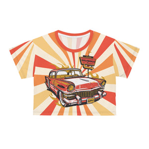 Crop Tee "Hot Rod Driver" A Golfdisco custom art original Black stitching AOP Graphic Tee Beach Day Outfit Beach Vibes Shirt. Bold Pattern Shirt Casual Tee Style Colorful Casual Top Fun Summer Wear golfdisco original Graphic Tee Design hot rod driver Retro Fashion Tee Retro Summer Shirt Stylish Summer Top Summer Fashion Top Unique Crop Top Vintage Car Tee Vintage Crop Tee