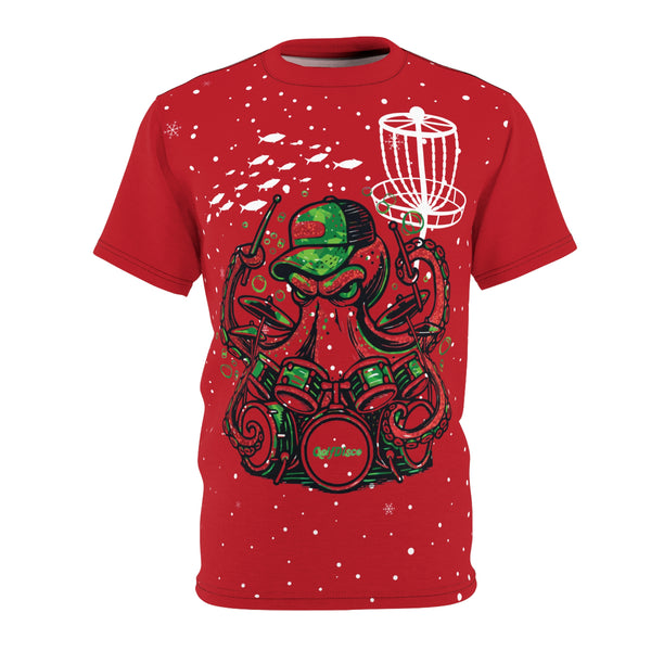 A T shirt - " Otto" Christmas - GolfDisco Originals custom disc stamp design - Unisex style shirt  (white or black stitching) Light Fabric/100% Polyester (4oz or 6 oz) Octopus - Disc golf shirt - golfdisco