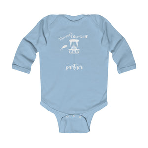 Onesie, long sleeve "MOMMY"S DISC GOLF PARTNER" - Infant Bodysuit - (NB-18M) Light Blue Baby Clothing baby disc golf Bodysuits Cotton discgolf onesie DTG kid disc golf Kids' Clothing Long Sleeves mommy and baby mommy's disc golf partner Onesies Regular fit