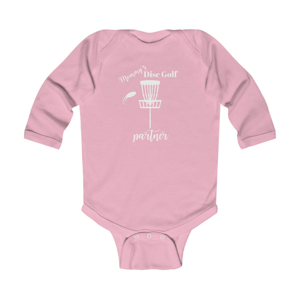 Onesie, long sleeve "MOMMY"S DISC GOLF PARTNER" - Infant Bodysuit - (NB-18M) Pink Baby Clothing baby disc golf Bodysuits Cotton discgolf onesie DTG kid disc golf Kids' Clothing Long Sleeves mommy and baby mommy's disc golf partner Onesies Regular fit