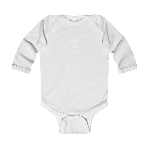 Onesie, long sleeve "MOMMY"S DISC GOLF PARTNER" - Infant Bodysuit - (NB-18M) White Baby Clothing baby disc golf Bodysuits Cotton discgolf onesie DTG kid disc golf Kids' Clothing Long Sleeves mommy and baby mommy's disc golf partner Onesies Regular fit