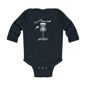 Onesie, long sleeve "MOMMY"S DISC GOLF PARTNER" - Infant Bodysuit - (NB-18M) Black Baby Clothing baby disc golf Bodysuits Cotton discgolf onesie DTG kid disc golf Kids' Clothing Long Sleeves mommy and baby mommy's disc golf partner Onesies Regular fit