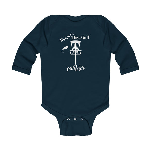 Onesie, long sleeve "MOMMY"S DISC GOLF PARTNER" - Infant Bodysuit - (NB-18M) Navy Baby Clothing baby disc golf Bodysuits Cotton discgolf onesie DTG kid disc golf Kids' Clothing Long Sleeves mommy and baby mommy's disc golf partner Onesies Regular fit