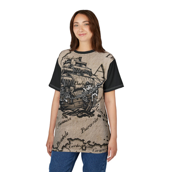 A T shirt "DISCS AHOY" A GolfDisco Originals, our custom art design disc stamp on a shirt - Light Fabric boating Casual Graphic Tee disc golf custom disc golf gifts disc golf shirts Eco Friendly Shirt fishing Funny Gift Ideas gift for boaters gift for fishers golfdisco pirate ship Playful Nature Shirt Summer Casual Wear Unisex Tee Shirt