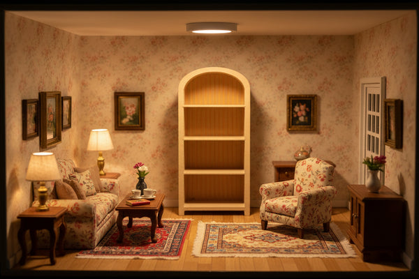 Miniature Dollhouse Bookshelf – 1:12 & 1:24 Scale, Realistic Wood Look, 2 Colors