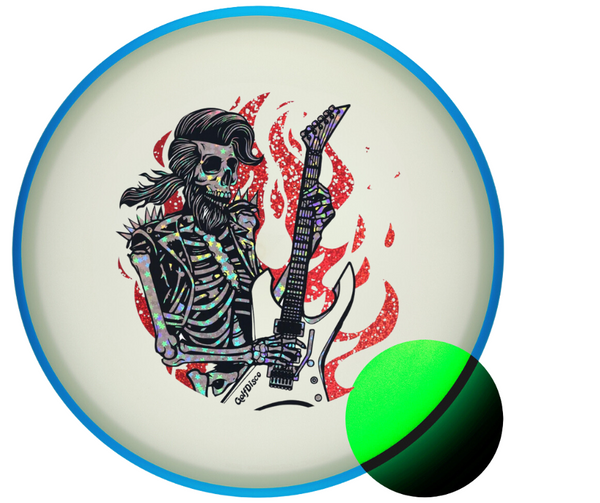 Axiom Discs - GLO ECLIPSE ENVY - "ROCK N' ROLLER" A GolfDisco ORIGINALS stamp design - custom disc stamp GOLFDISCO ORIGINALS skeleton skeleton stamp skeleton stampmusic stamp skeletons