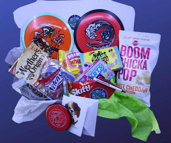 Father's Day Disc Golf and SNACK LOVER Surprise Gift Box - 2 Discs - Golf Themed mystery box for dad