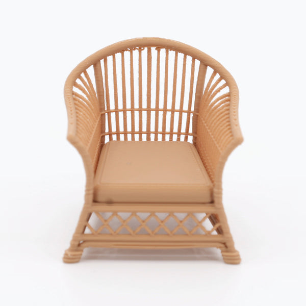 1:24 Dollhouse Miniature Wicker-Style Pair of Arm Chairs, 2 Piece – Teak - arm chair, front view