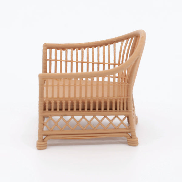 1:24 Dollhouse Miniature Wicker-Style Pair of Arm Chairs, 2 Piece – Teak - arm chair, side view