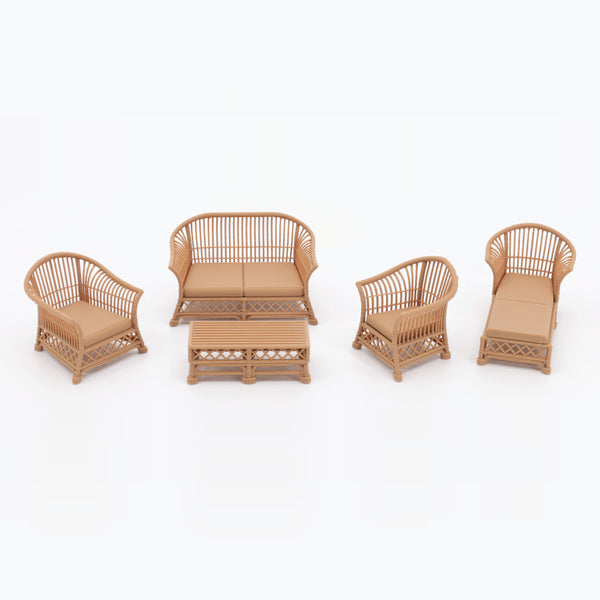 1:24 Dollhouse Miniature Wicker-Style Furniture Set, 5 Piece Patio Set – Teak - full 5-piece set