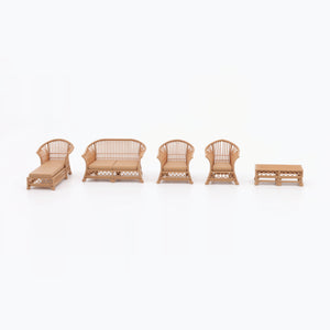 1:24 Dollhouse Miniature Wicker-Style Furniture Set, 5 Piece Patio Set – Teak - all five pieces lined up side by side