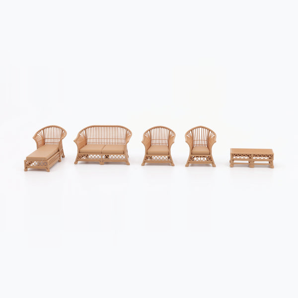 1:24 Dollhouse Miniature Wicker-Style Furniture Set, 5 Piece Patio Set – Teak - all five pieces lined up side by side