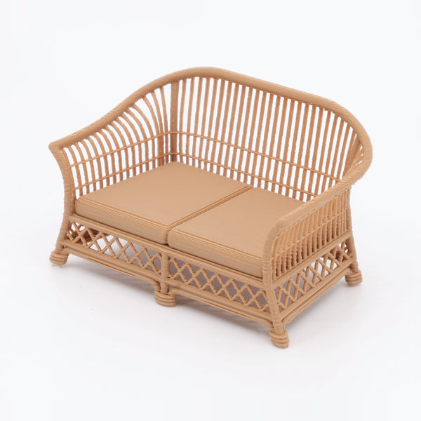 1:24 Dollhouse Miniature Wicker-Style Sofa Set, 2 Piece – Teak - loveseat, 3/4 view