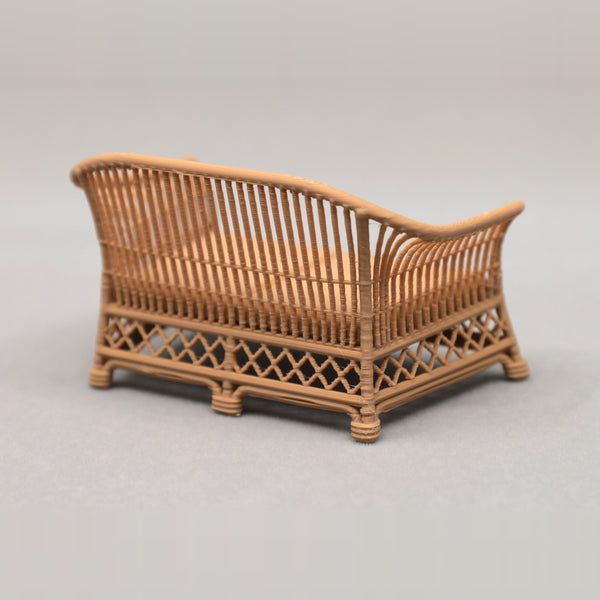 1:24 Dollhouse Miniature Wicker-Style Loveseat, Patio Sofa – Teak - back 3/4 view on gray