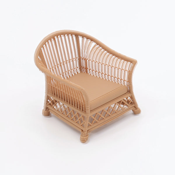 1:24 Dollhouse Miniature Wicker-Style Furniture Set, 5 Piece Patio Set – Teak - arm chair from the 5-piece set, left view