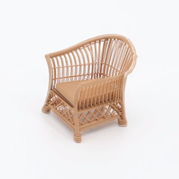 1:24 Dollhouse Miniature Wicker-Style Furniture Set, 5 Piece Patio Set – Teak - arm chair from the 5-piece set, right view