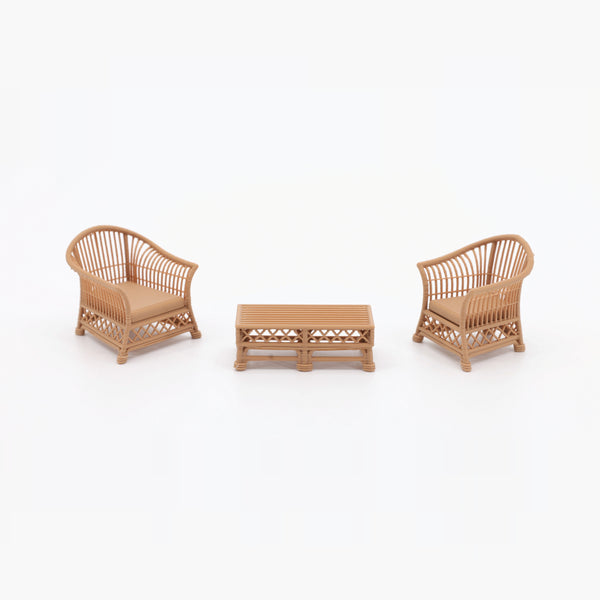 1:24 Dollhouse Miniature Wicker-Style Bistro Set, 3 Piece – Teak - two arm chairs and coffee table