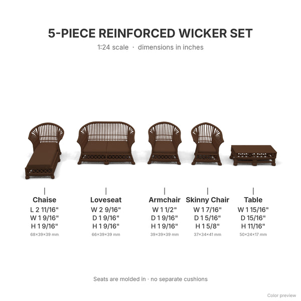 Dimensions in inches for all 5 pieces of the 1:24 scale reinforced wicker set, shown in Dark Walnut