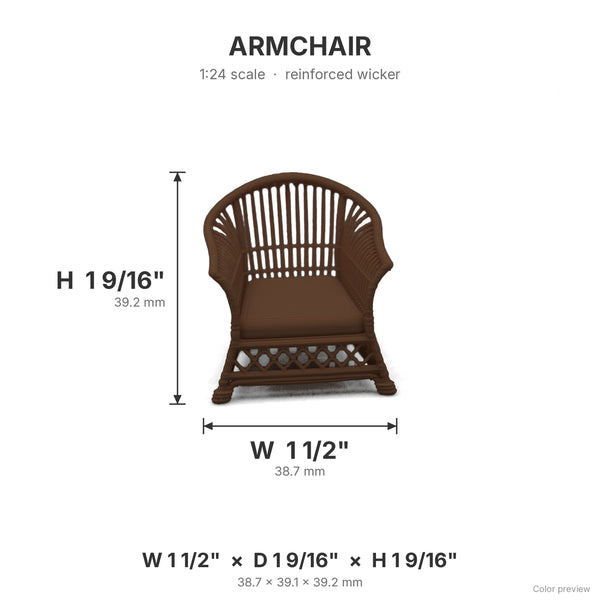 Wicker arm chair dimensions: 1 1/2 in W x 1 9/16 in D x 1 9/16 in H, shown in Dark Walnut