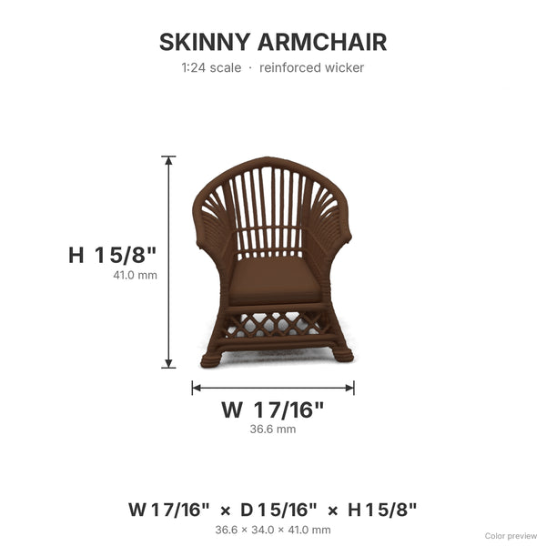 Skinny wicker arm chair dimensions: 1 7/16 in W x 1 5/16 in D x 1 5/8 in H, shown in Dark Walnut