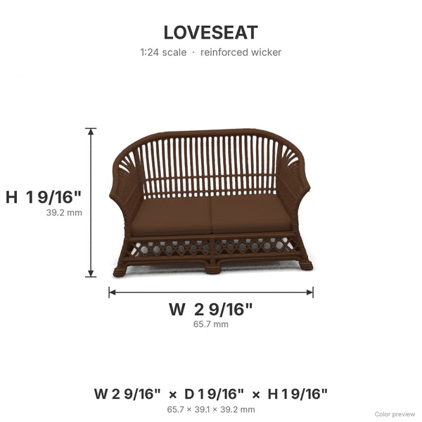 Wicker loveseat dimensions: 2 9/16 in W x 1 9/16 in D x 1 9/16 in H, shown in Dark Walnut