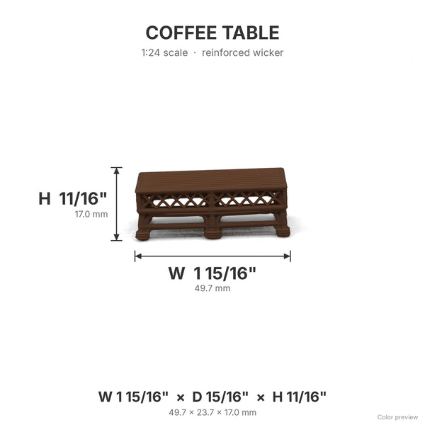 Wicker coffee table dimensions: 1 15/16 in W x 15/16 in D x 11/16 in H, shown in Dark Walnut