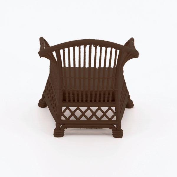 1:24 Dollhouse Miniature Wicker-Style Arm Chair, Patio Chair – Dark Walnut - back view (digital recolor, color preview)