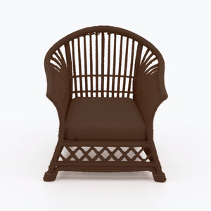 1:24 Dollhouse Miniature Wicker-Style Arm Chair, Patio Chair – Dark Walnut - front view (digital recolor, color preview)