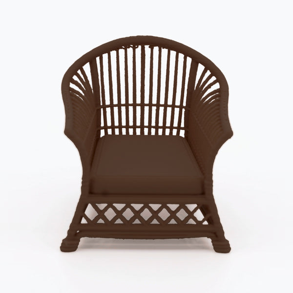1:24 Dollhouse Miniature Wicker-Style Pair of Arm Chairs, 2 Piece – Dark Walnut - arm chair, front view (digital recolor, color preview)