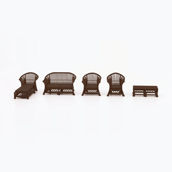 1:24 Dollhouse Miniature Wicker-Style 5 Piece Patio Furniture Set – Dark Walnut - all five pieces lined up side by side (digital recolor, color preview)