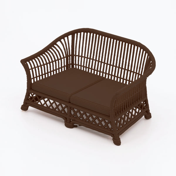 1:24 Dollhouse Miniature Wicker-Style Conversation Set, 4 Piece – Dark Walnut - loveseat, 3/4 view (digital recolor, color preview)