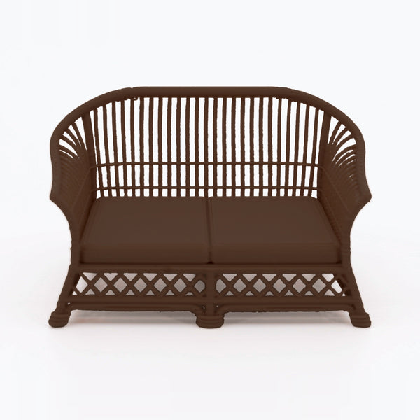 1:24 Dollhouse Miniature Wicker-Style Loveseat, Patio Sofa – Dark Walnut - front view (digital recolor, color preview)