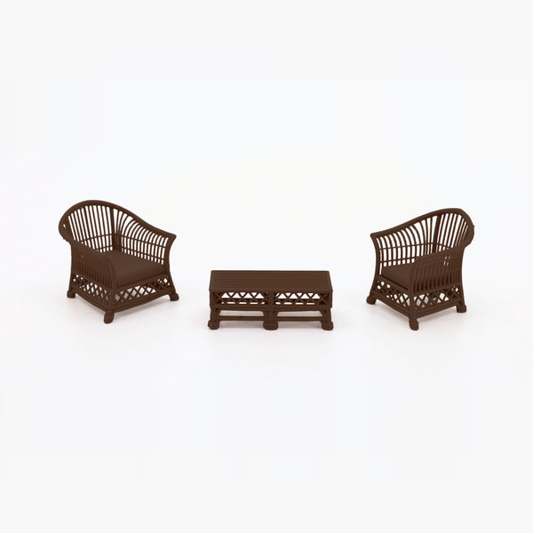 1:24 Dollhouse Miniature Wicker-Style Bistro Set, 3 Piece – Dark Walnut - two arm chairs and coffee table (digital recolor, color preview)