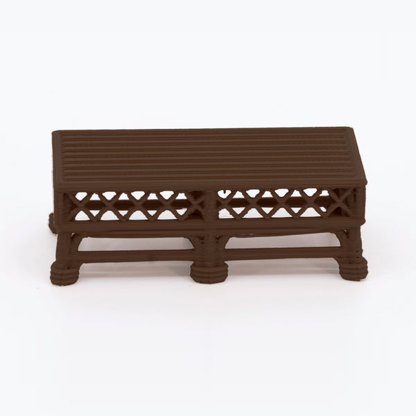 1:24 Dollhouse Miniature Wicker-Style Coffee Table, Patio Table – Dark Walnut - front view (digital recolor, color preview)