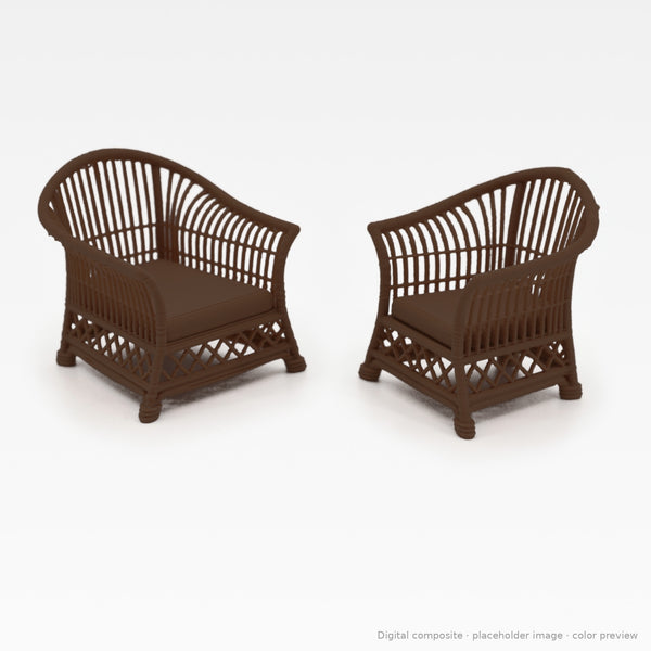 1:24 wicker-style dollhouse arm chairs in Dark Walnut, pair of two (digital composite, color preview)
