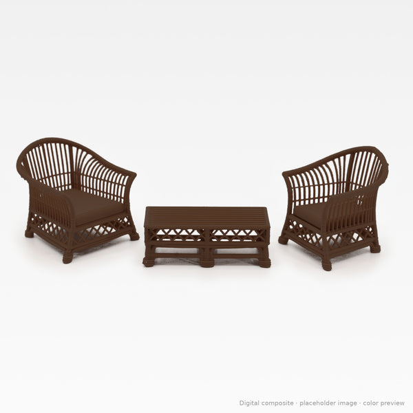 1:24 wicker-style dollhouse bistro set in Dark Walnut: two arm chairs and coffee table (digital composite, color preview)