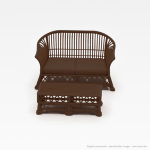 1:24 wicker-style dollhouse sofa set in Dark Walnut: loveseat and coffee table (digital composite, color preview)