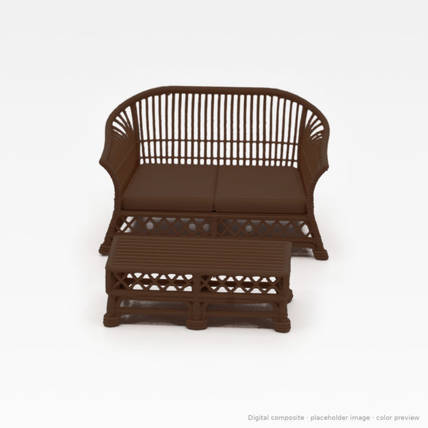 1:24 wicker-style dollhouse sofa set in Dark Walnut: loveseat and coffee table (digital composite, color preview)