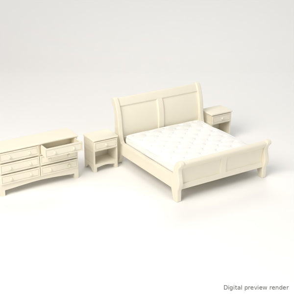 1:24 Dollhouse Miniature King Sleigh Bedroom Set, 5 Pieces – White – digital preview render