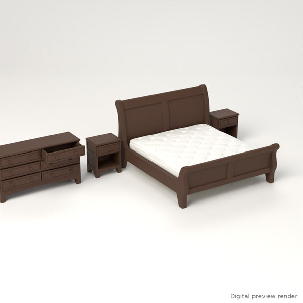1:24 Dollhouse Miniature King Sleigh Bedroom Set, 5 Pieces – Dark Walnut – digital preview render