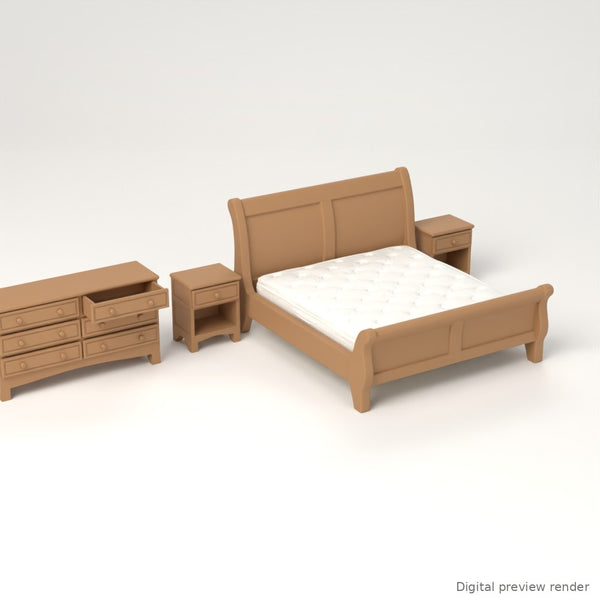 1:24 Dollhouse Miniature King Sleigh Bedroom Set, 5 Pieces – Honey Teak – digital preview render