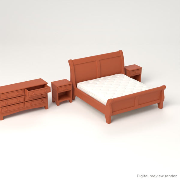 1:24 Dollhouse Miniature King Sleigh Bedroom Set, 5 Pieces – Terra Cotta – digital preview render