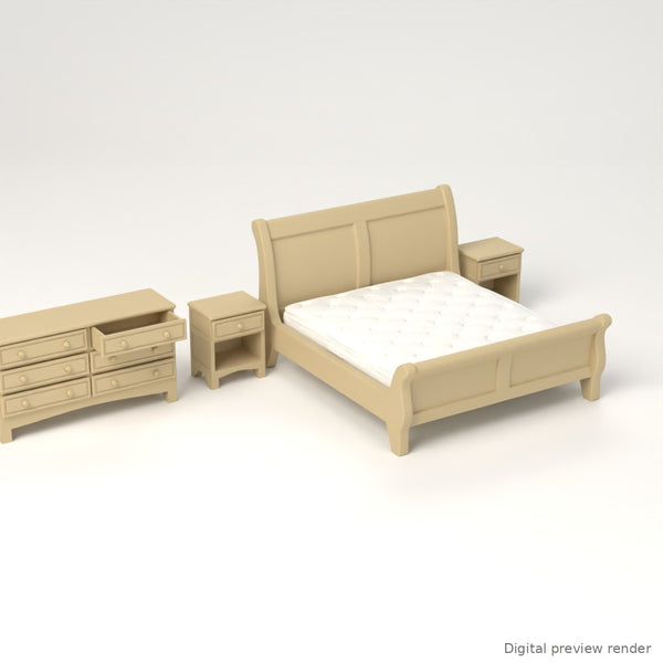 1:24 Dollhouse Miniature King Sleigh Bedroom Set, 5 Pieces – Natural Oak – digital preview render