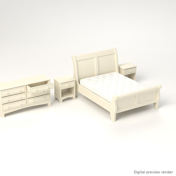 1:24 Dollhouse Miniature Queen Sleigh Bedroom Set, 5 Pieces – White – digital preview render